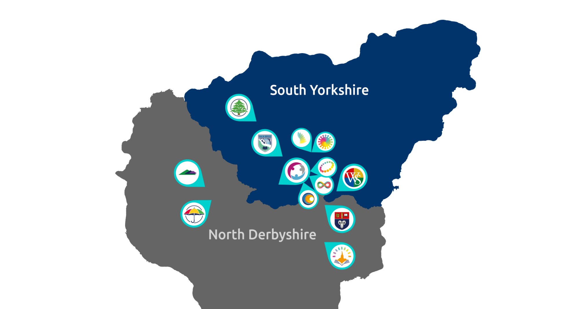 Map of South Yorkshire and North Derbyshire highlighting the locations of the Chorus Education Trust schools