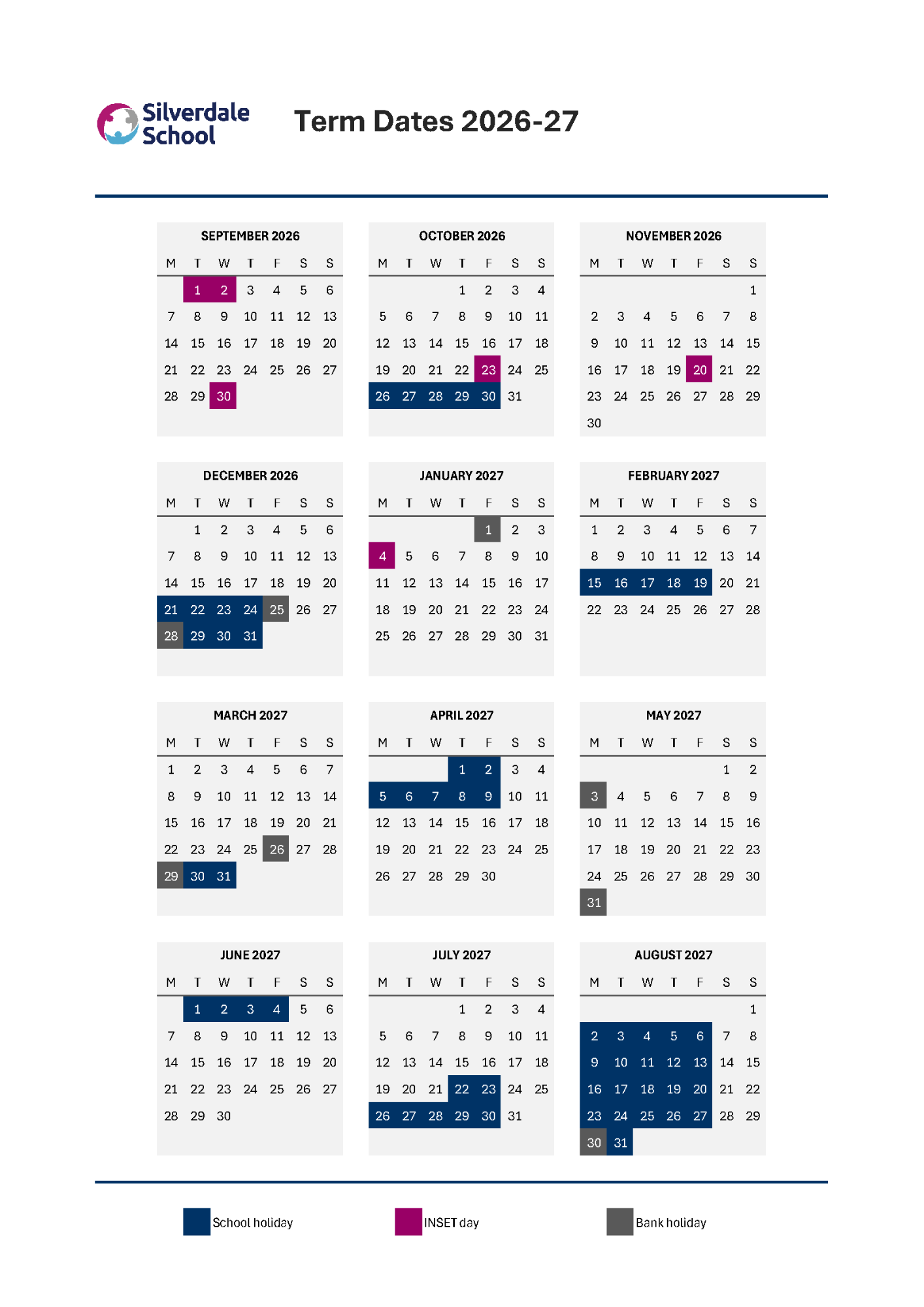 Term Date Calendar for 2026 to 2027