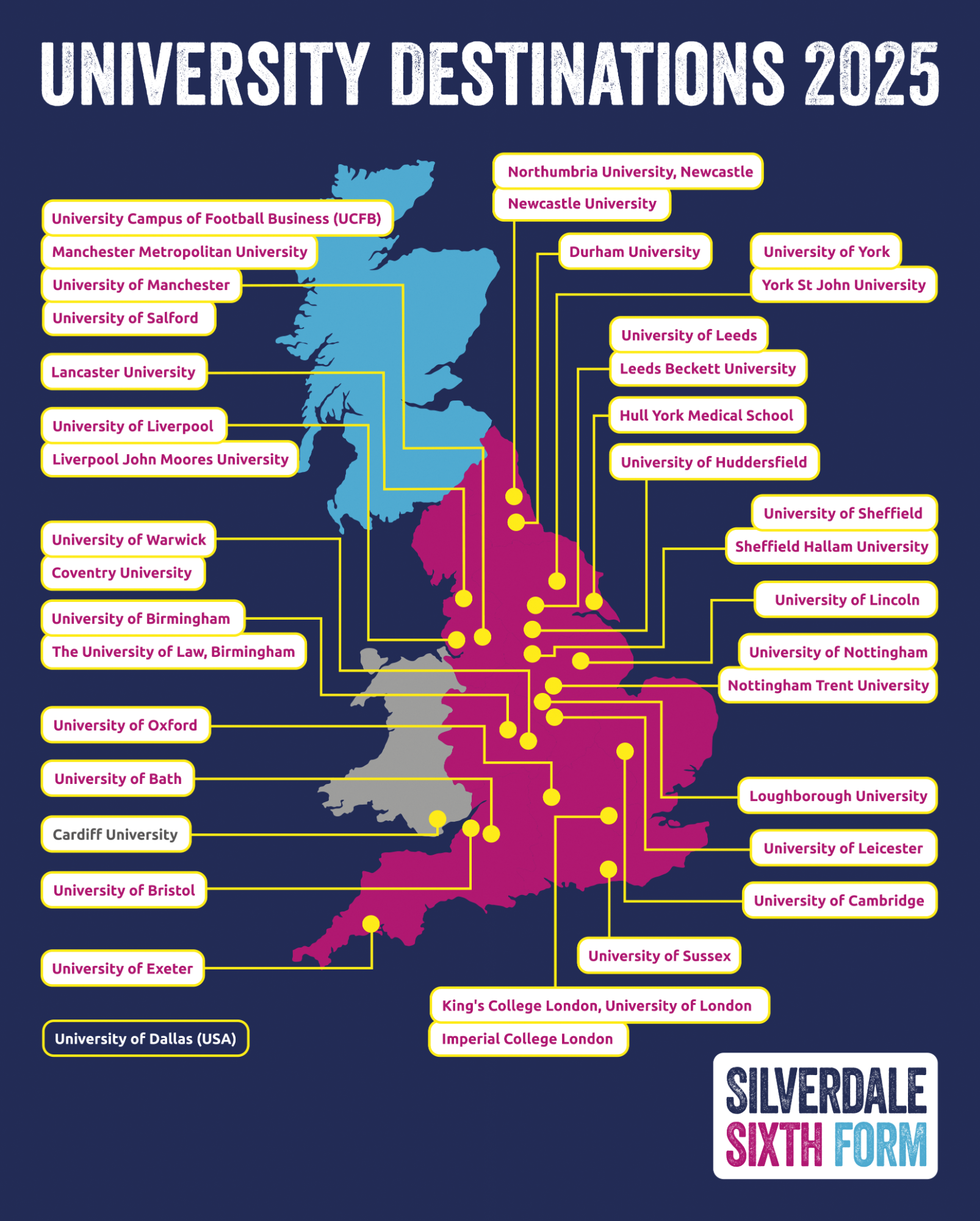 Map showing destinations of Year 13 students in 2025