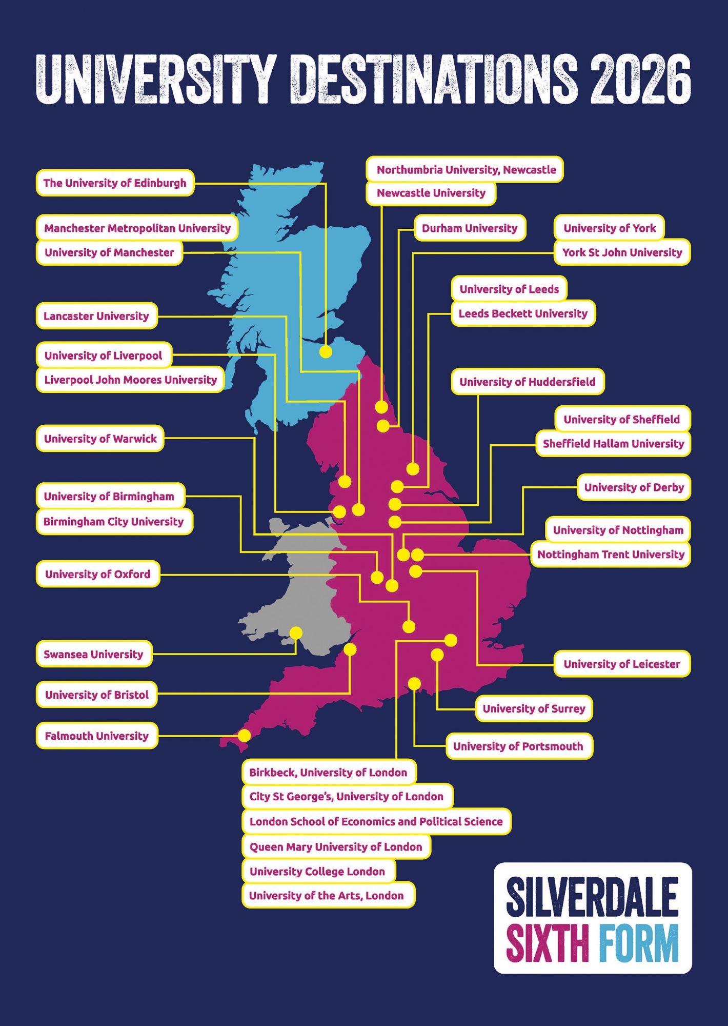 Map showing destinations of Year 13 students in 2026
